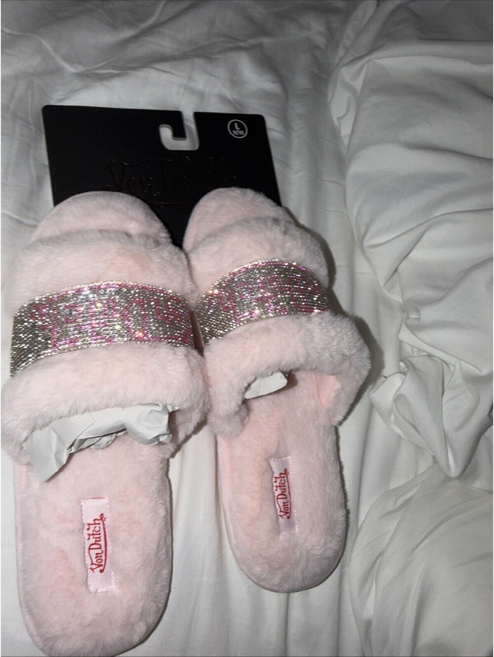 Von Dutch Pink bling Faux Fur Slippers. Womens 9/10